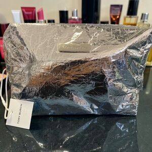 NWT Tory Burch Metallic Silver Cosmetic Pouch